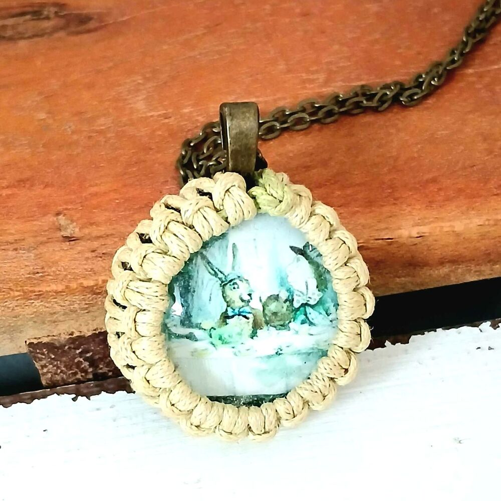 20" Macrame Alice & Wonderland Pendant Necklace, Bronze Chain